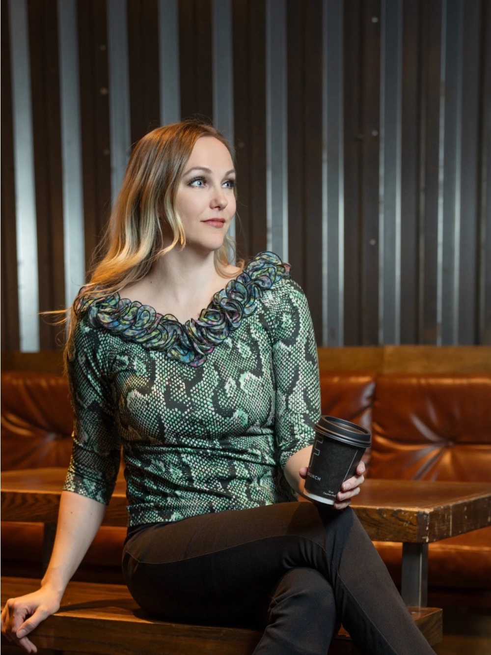 Samuel Dong Green Patterned Ruffled Neck Women's Top